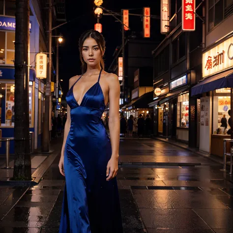 Female supermodel. Royal blue evening dress. Dim, soft lighting. Sunset. Sunset.Musashi-Koyama Shopping Street “Palm”, Tokyo, Japan. 