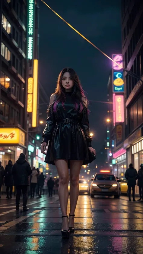 a vibrant and busy street filled with colorful lights from neon signs and illuminated buildings. Among the crowd, a young woman walks gracefully, her long locks reflecting the vibrant colors around her. Her eyes, bright and captivating, shine like stars, s...