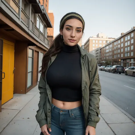 Extremely busty thin and toned brunette photographer, college girl, fair skin, loose ponytail, soft face, athletic, bandana babushka headwrap, tight olive green casual windbreaker, skinny jeans. standing in front of her apartment building, outdoors, city, ...