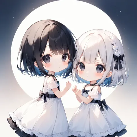 Cute Girls、small、Cute round black eyes、Black Bob、White dress