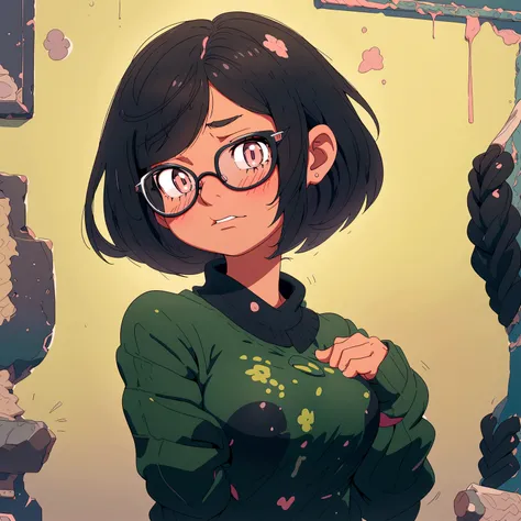 A bob-cut elementary school girl wearing glasses without underwear, rubbing her breasts with both hands, large breasts, looking up, black hair, winking, inside school, pastel colors, sad