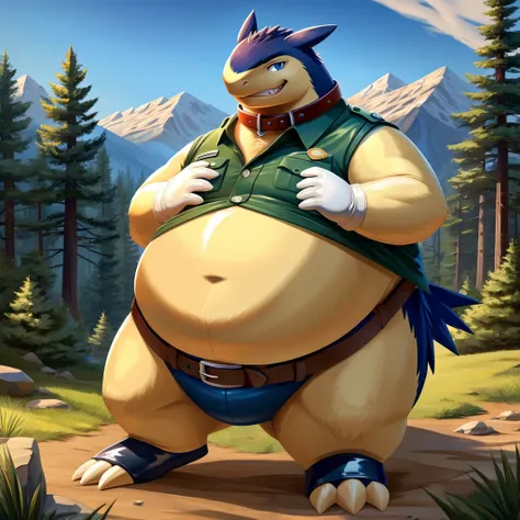 solo, full body, Male, fat, extremely obese, Typhlosion, park ranger, trousers, outdoor, park ranger uniform, collared shirt with buttons, blue eyes, (soft shading), 4k, hi res, ((detailed face, detailed)), looking at viewer, evil grin, Typhlosion is weari...