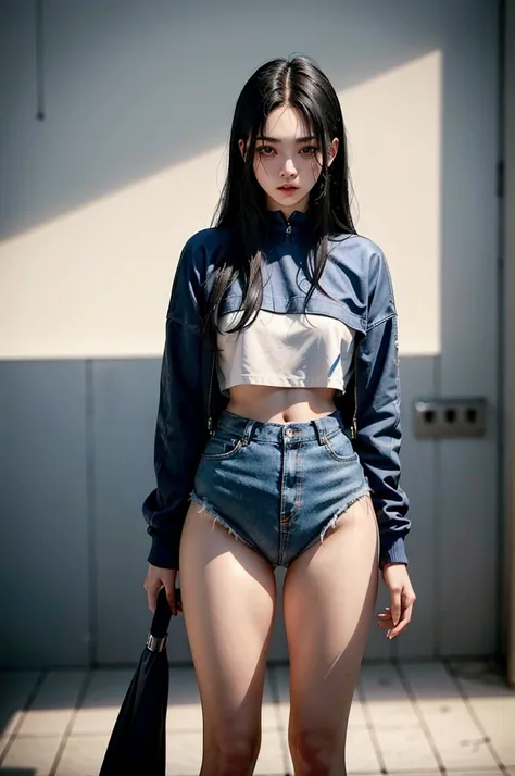 20-year-old woman with blue sport cloth, Black-haired, high contrast (Natural skin texture, Hyperrealism, Soft Ligh, sharp), high resolution, full body portrait, standing pose