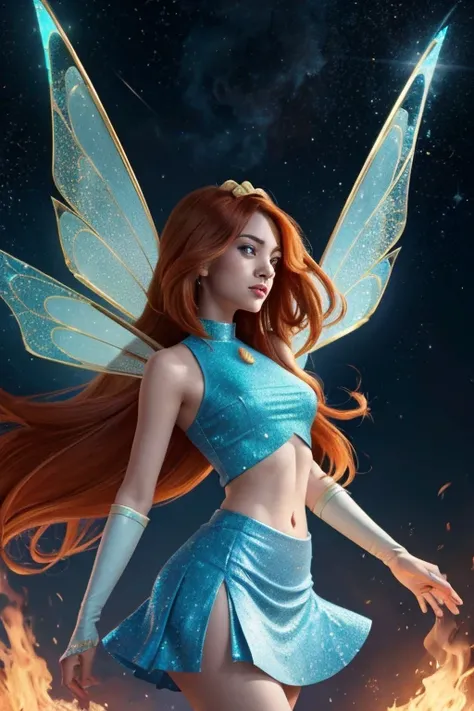 (Fairy Outfit), (blue croptop, sleeveless, blue skirt, sparkling clothing, wings), Bloom, fire wings