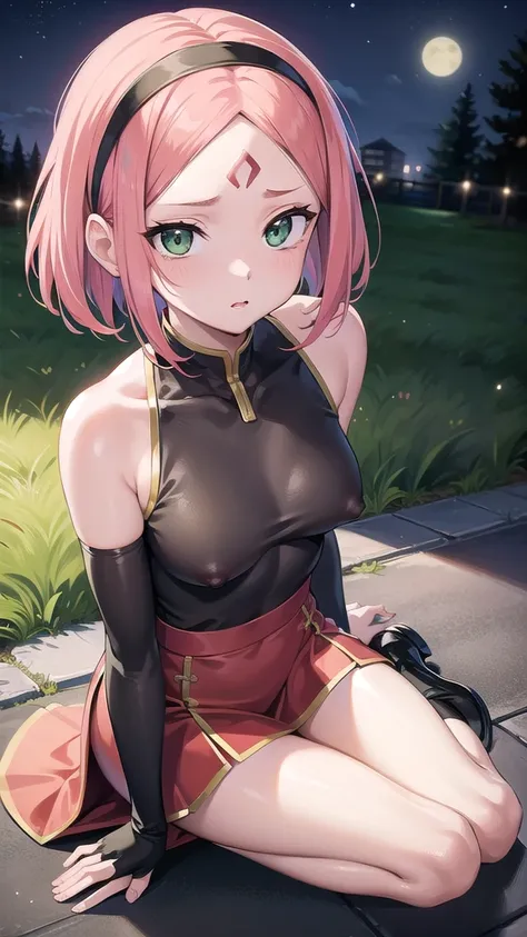 sakuraharuno, sakura haruno, short hair, bangs, (green eyes:1.5), pink hair, hairband, facial mark, (forehead mark:1.2), red hairband, (swept bangs:1.5), (small breast:1.2),
BREAK chinese clothes, dress, red dress, short skirt, black shorts, gloves, black ...