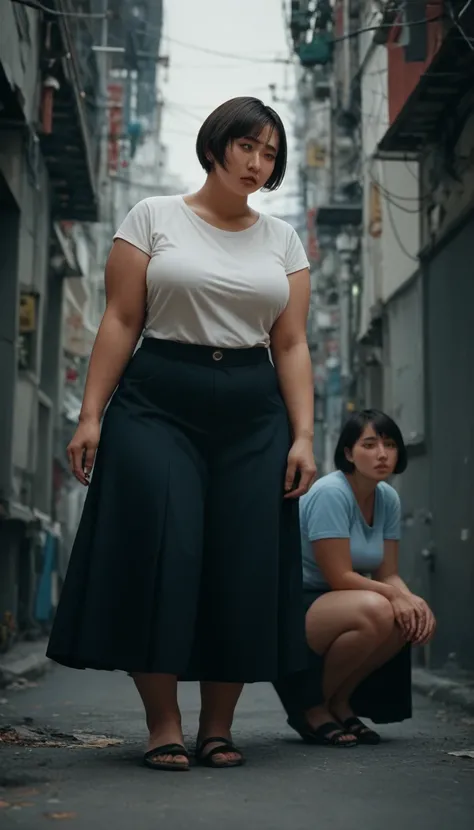 score_9, score_8_superior, score_7_superior, break, Leg Bend, cute, Round face, Long black short cut、Alternative vibe, 55 years old, Japanese women, Subtle cleavage, shirt, Long skirt, Dynamic Angle, Film Grain,Plump