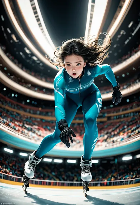 (Athlete), On the skating track, athletes wearing ice skates are gliding at high speed, with a light body. The background is the audience, full body, (Photography), panoramic view, award-winning, cinematic still, emotional, vignette, dynamic, vivid, (maste...