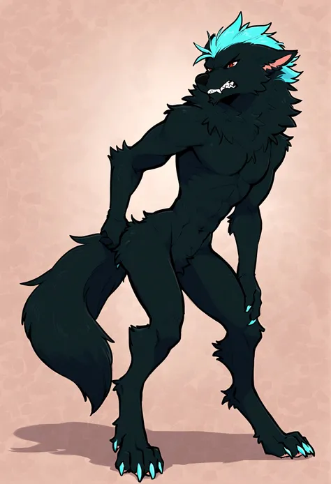 Top quality, best quality, by dabaicai, High quality illustrations, masterpiece)(kemono, furry anthro), round, male, werewolf, black fur body, slim body, fur, fluff, Hips wide, fluffy tail, punk hair, muscular, strong, paws, posing,leaning a lot to a side,...