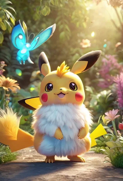 A cute pokemon monster, highly detailed, 3D render, vibrant colors, soft lighting, magical atmosphere, adorable expression, chubby cheeks, big eyes, fluffy fur, adorable pose, glowing effect, fantasy setting, intricate details, cute and whimsical, photorea...