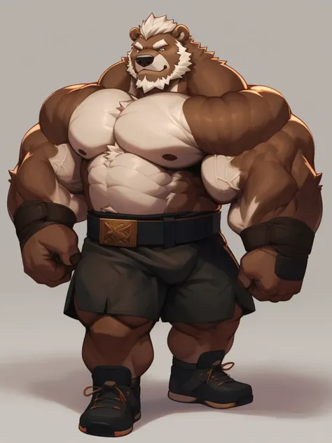 solo, 1boy, Huge Muscular Old Grizzly Bear wearing kickboxing MMA belt , thick pectoral, thick arms, huge pectoral, wide pectoral, hige brown fur, short white hair, short pants and shirtless, bearded, simple background, masterpiece, semirealistic:1.2, high...