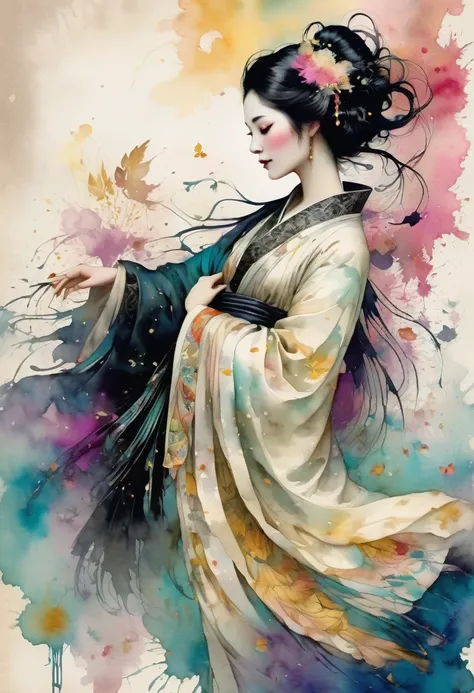 A Beautiful empress, porcelain white, black hair, wearing a traditional ornate robe, Harrison Fisher and Catrin Welz-Stein, ink, vivid colours, highly detailed, ((Full body picture))