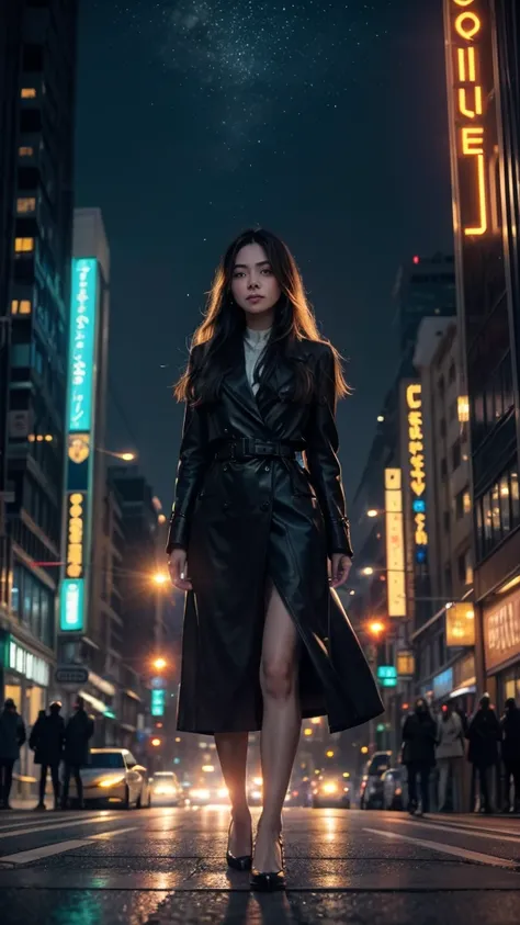 a vibrant and busy street filled with colorful lights from neon signs and illuminated buildings. Among the crowd, a young woman walks gracefully , her long locks reflecting the vibrant colors around her. Her eyes, bright and captivating , shine like stars ...