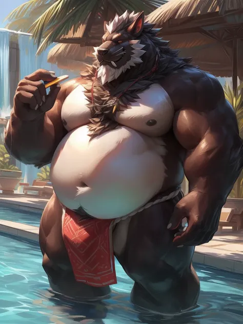 lindong, lucusold, lanxus, a man with a huge belly, furry walrus eating ice cream, pool, ((fat ripped:1.2, overhang, chubby, more chubby, fat, very huge belly:1.5,)), smile, thicc, lowres, (fundoshi), giant and fat, danbooru and artstation, heavy detailed,...