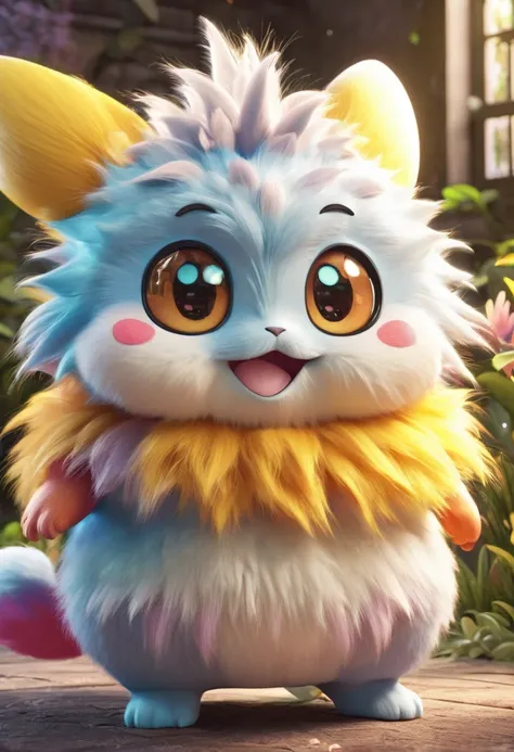 A cute pokemon monster, highly detailed, 2D render, vibrant colors, soft lighting, magical atmosphere, adorable expression, chubby cheeks, big eyes, fluffy fur, adorable pose, glowing effect, fantasy setting, intricate details, cute and whimsical, photorea...