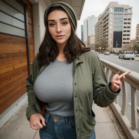 Extremely busty thin and toned brunette photographer, college girl, fair skin, loose side sweep, soft face, athletic, bandana babushka headwrap, tight olive green casual windbreaker, skinny jeans. standing in front of her apartment building, outdoors, city...