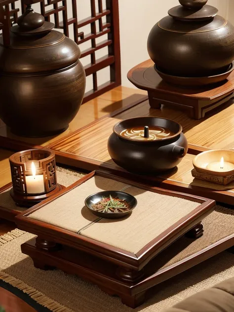 With Chinese-style study as background，Tea table set、Ancient Books、Agarwood incense sticks rise in the incense burner，Create an atmosphere with profound cultural heritage，The layering and classical charm of the picture。