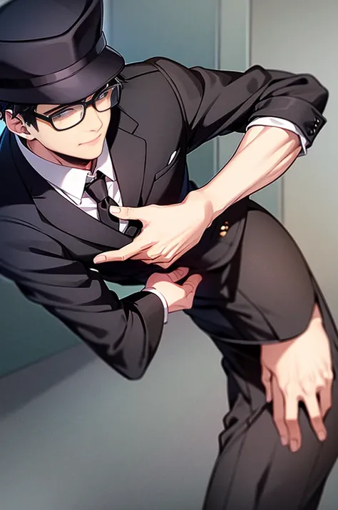 Young man, black shorts hair, eyes gray, glasses, black Fedora hat, black suit, black pants, pocket clock, strong