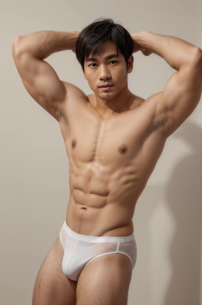 Handsome guy in muscular white underwear bronzed skin，low body fat，simple gray background，Asian faces，Oblique bangs，face square