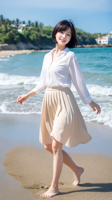 ((Best quality))((realistic))((full body))((face detail))A girl , short Black hair, white skirt,breeze, walking along shoreline,sea, beach,sand, shore,