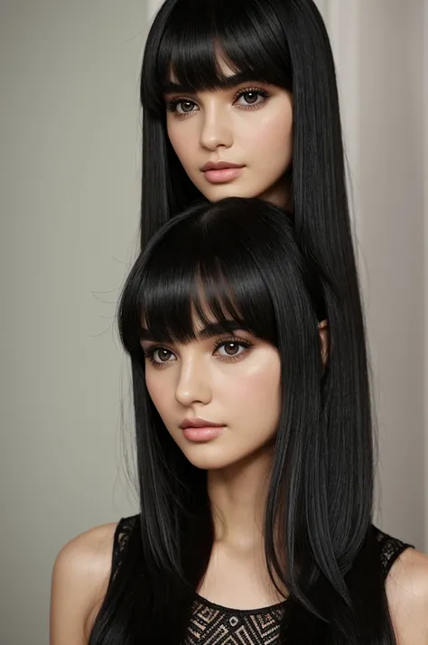 long black layered cut hair with bangs, diamond shaped face, thin arched eyebrows, small monolid eyes, thinner nose bridge, fuller cheeks with normal lips