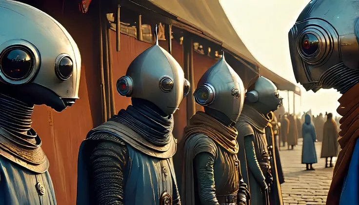 In portrait, characters inspired by the Start Wars universe by Ralph McQuarrie and Dan McPharlin, Wayne Barlowe in a Middle Ages setting, as robots, exotic alien beings interacting with people, inspired by Hieronymus Bosch and Shaun Tan. Directed by George...