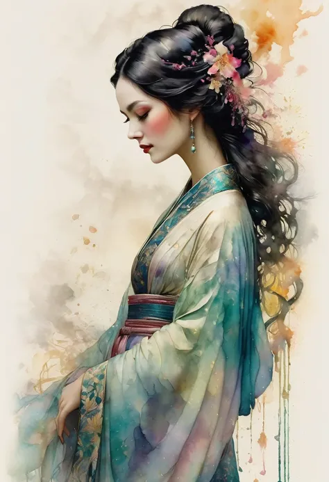 a beautiful empress, porcelain skin, long black hair, ornate traditional robe, Harrison Fisher and Catrin Welz-Stein art style, vivid colors, highly detailed, full body portrait, cinematic lighting, dramatic pose, elegant, graceful, regal, intricate detail...