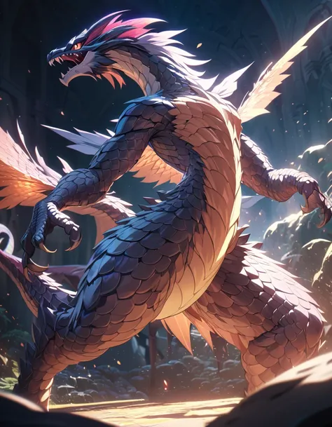 a highly detailed pokemon monster, detailed fur and scales, striking pose, vibrant colors, dramatic lighting, fantasy anime style, cinematic composition, intricate details, 8k, photorealistic