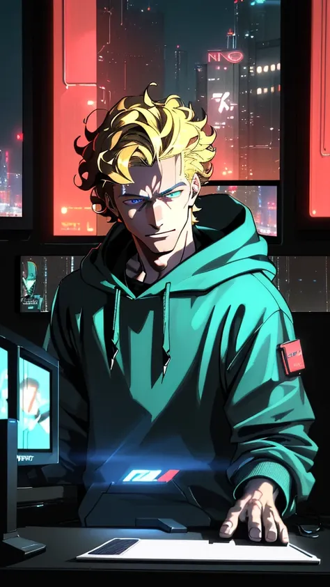 a hacker late teenager boy, cyberpunk, young boy, sexy, blonde hair, blue hoodie, detailed face, sharp eyes, beautiful boy, pretty face, sexy, curly hair, smirk, glowing computer screens, neon city lights, futuristic technology, moody lighting, cinematic a...