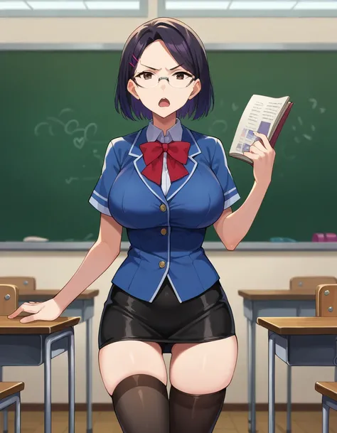 score_9, score_8_up, score_7_up, score_6_up, score_5_up, score_4_up, BREAK, source_anime, anime screencap, anime coloring, detailed face, a stiff-looking beautiful female teacher, detailed beautiful big brown eyes, huge breasts, 36 years old, milf, black h...