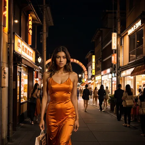 Female supermodel. Orange evening dress. Dim, soft lighting. Sunset. Sunset.Musashi-Koyama Shopping Street “Palm”, Tokyo, Japan. 