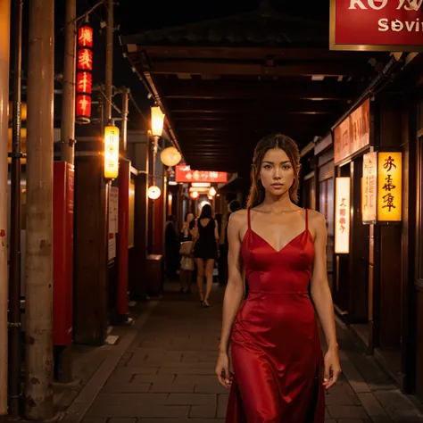 Female supermodel. Red evening dress. Dim, soft lighting. Sunset. Sunset.Musashi-Koyama Shopping Street “Palm”, Tokyo, Japan. 