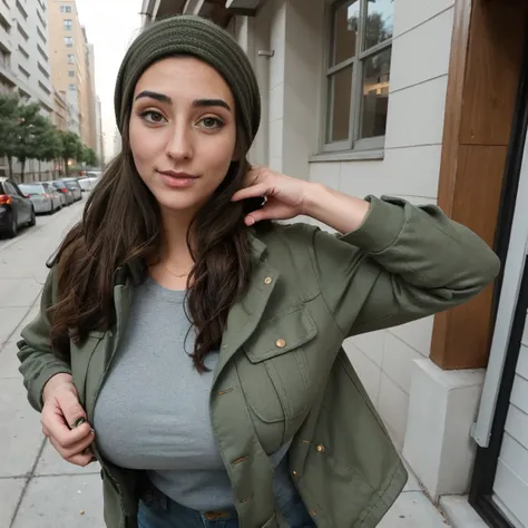 Extremely busty thin and toned brunette photographer, college girl, fair skin, loose side ponytail, soft face, athletic, bandana babushka headwrap, tight olive green casual windbreaker, skinny jeans. standing in front of her apartment building, outdoors, c...