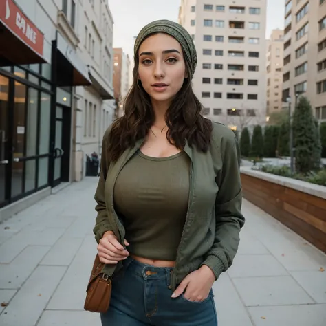 Extremely busty thin and toned brunette photographer, college girl, fair skin, loose side braid, soft face, athletic, bandana babushka headwrap, tight olive green casual windbreaker, skinny jeans. standing in front of her apartment building, outdoors, city...