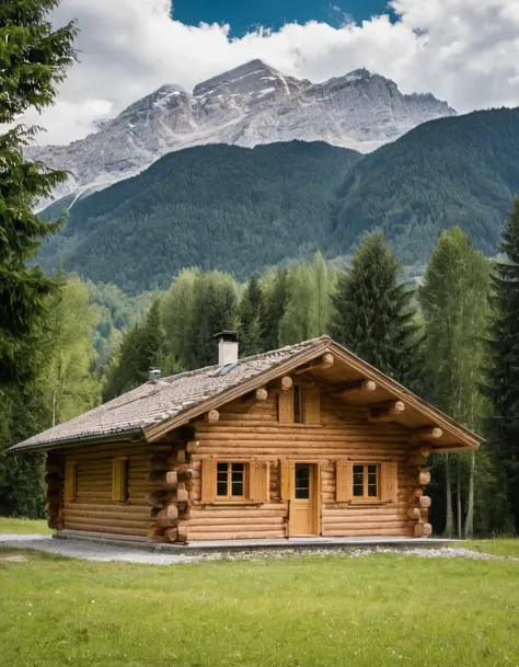 arafed log cabin with a mountain in the background, log cabin beneath the alps, cabin in the woods, wood cabin in distance, log cabin, log homes, cabin, peaceful environment, integrated in the mountains, solitary cottage in the woods, a brick cabin in the ...