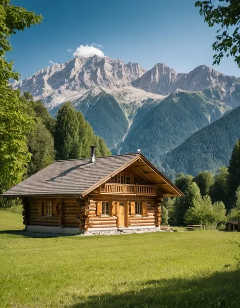 arafed log cabin with a mountain in the background, log cabin beneath the alps, cabin in the woods, wood cabin in distance, log cabin, log homes, cabin, peaceful environment, integrated in the mountains, solitary cottage in the woods, a brick cabin in the ...