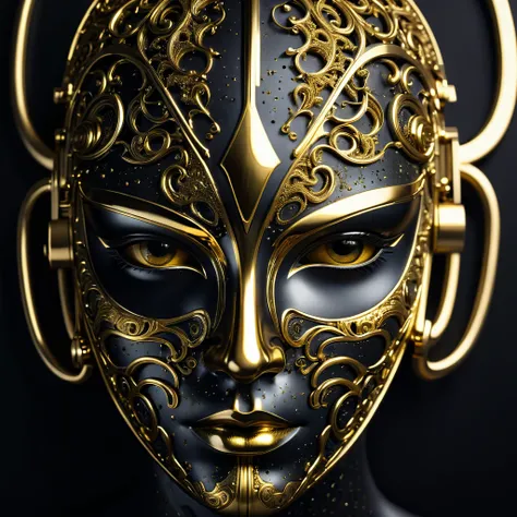 close -up of a golden mask on a black background, gold and black metal, portrait of a metal face, abstract 3d work of art, gloomy, but detailed digital art, saturated with black and gold, golden mask, 3d digital art 4k, abstract face, gold and steel are in...