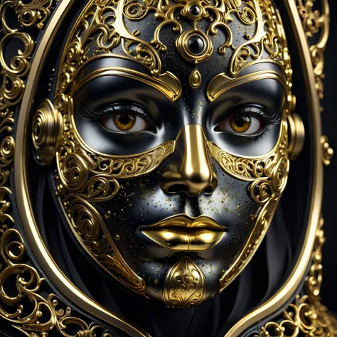 close -up of a golden mask on a black background, gold and black metal, portrait of a metal face, abstract 3d work of art, gloomy, but detailed digital art, saturated with black and gold, golden mask, 3d digital art 4k, abstract face, gold and steel are in...