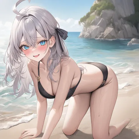 1girl, long hair, blue eyes, grey hair, hair between eyes, bangs, ahoge, hair ribbon, black bikini, no clothes, wet, coquettish smile, leaning forward, looking at viewer, nose blush, open mouth, cowboy shot, depth of field,summer sea,beach,vibrant,energeti...