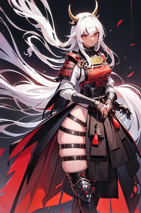 Create an illustration of a female samurai with humanoid and goat features, including longs horns and cows ears. She has dark skin and very long white hair. Her attire should be more medieval village, incorporating elements such as leather armor, chainmail...