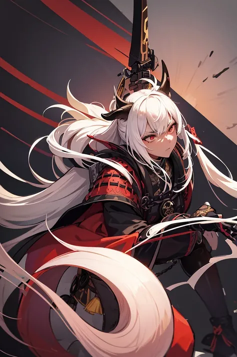 Create an illustration of a female samurai with humanoid and goat features, including longs horns and cows ears. She has dark skin and very long white hair. Her attire should be more medieval village, incorporating elements such as leather armor, chainmail...