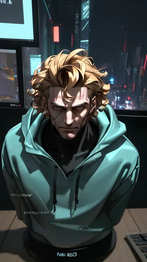 a hacker late teenager boy, cyberpunk, young boy, sexy, blonde hair, blue hoodie, detailed face, sharp eyes, beautiful boy, pretty face, sexy, curly hair, smirk, glowing computer screens, neon city lights, futuristic technology, moody lighting, cinematic a...