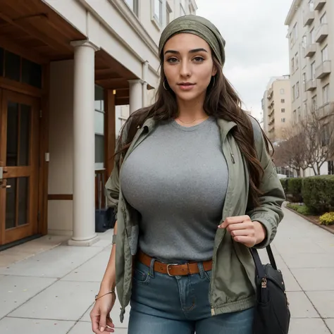 Extremely busty thin and toned brunette photographer, college girl, fair skin, loose side braid, soft face, athletic, bandana babushka headwrap, tight olive green casual windbreaker, skinny jeans. standing in front of her apartment building, outdoors, city...