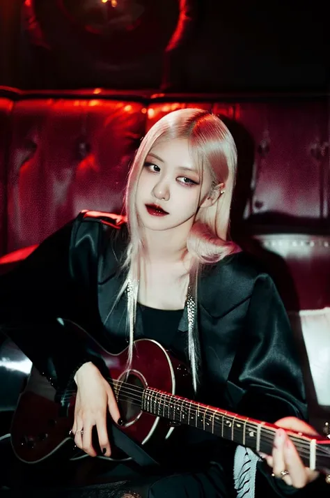 Vampire girl, cool, blonde hair, guitar in the background, dark vibe