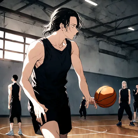 Toji Zenin, from the anime Jujutsu Kaisen, playing basketball in the gym 