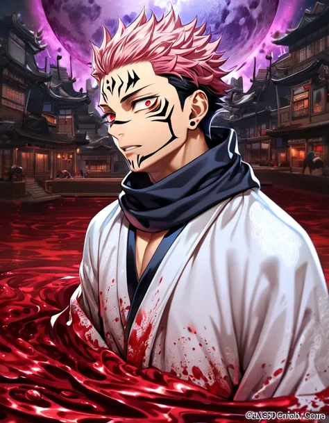 absurdres, highres, ultra detailed, HDR, masterpiece, best quality, Ryomen Sukuna, black hair, expressive red eyes, Jujutsu Kaisen, solo, sexy man, handsome, black scarf, white kimono, red blood water, purple moon, magical, pink hairs, yuji Itadoris body t...