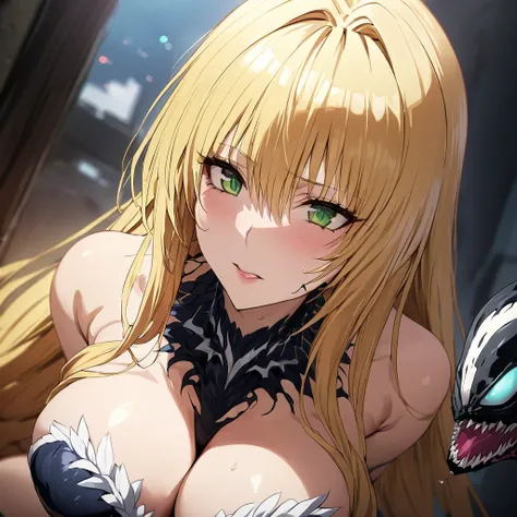 ((Highest quality)), ((masterpiece)), (detailed), （Perfect Face）、The woman is Tiare, with green eyes, medium-long blonde hair, and the appearance of Venom.