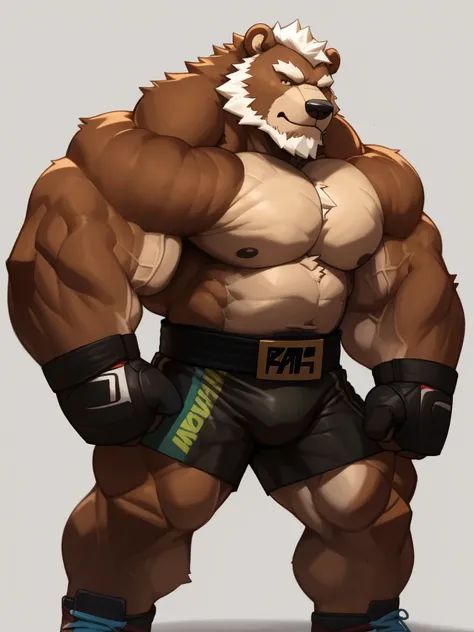 solo, 1boy, Huge Muscular Old Grizzly Bear wearing kickboxing MMA belt , thick pectoral, thick arms, huge pectoral, wide pectoral, hige brown fur, short white hair, Kickboxing MMA shorts, kickboxing MMA gloves and shirtless, bearded, simple background, mas...