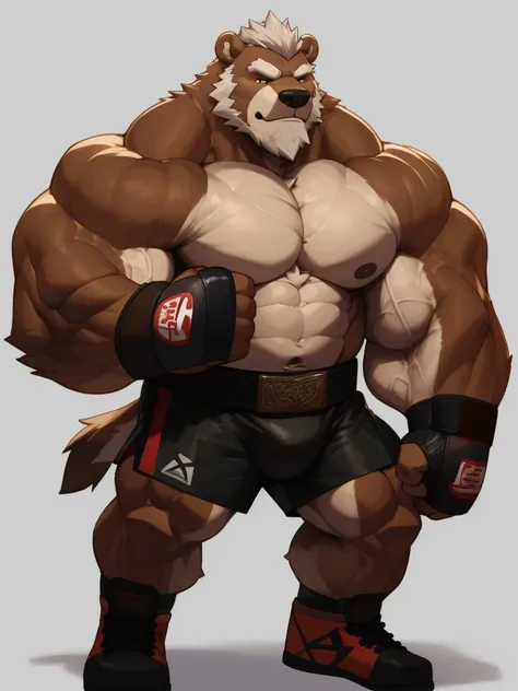 solo, 1boy, Huge Muscular Old Grizzly Bear wearing kickboxing MMA belt , thick pectoral, thick arms, huge pectoral, wide pectoral, hige brown fur, short white hair, Kickboxing MMA shorts, kickboxing MMA gloves and shirtless, bearded, simple background, mas...