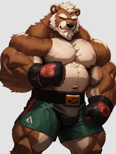 solo, 1boy, Huge Muscular Old Grizzly Bear wearing kickboxing MMA belt , thick pectoral, thick arms, huge pectoral, wide pectoral, hige brown fur, short white hair, Kickboxing MMA shorts, kickboxing MMA gloves and shirtless, bearded, simple background, mas...