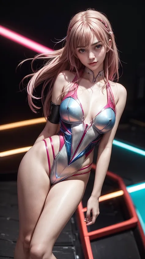 (masterpiece), (best quality), (ultra detailed), (epic lights reflections), awards winning photography, glowing, luminous neon lights, 1girl, blue eyes, pink hair, full makeups, red lips, fit body hair blown by strong winds, ((wearing white Neon Genesis Ev...